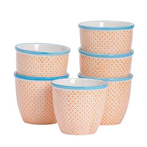 Nicola Spring Hand Printed Floral Ceramic Plant Pots, Orange and Blue, Pack of 6, W/D/H: 14 x 14 x 12.5 cm
