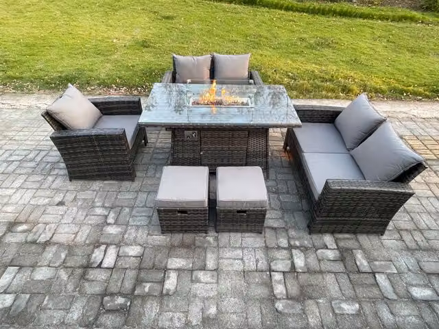 Fimous 7 Seater Rattan Outdoor Garden Furniture Set with Gas Fire Pit Table, Love Sofa, Armchair and 2 Footstools in Dark Grey