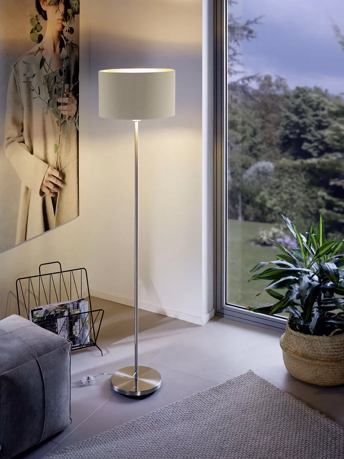 Loops Floor Lamp with Taupe Fabric Shade and Satin Nickel Finish, E27 Bulb Compatible – 2