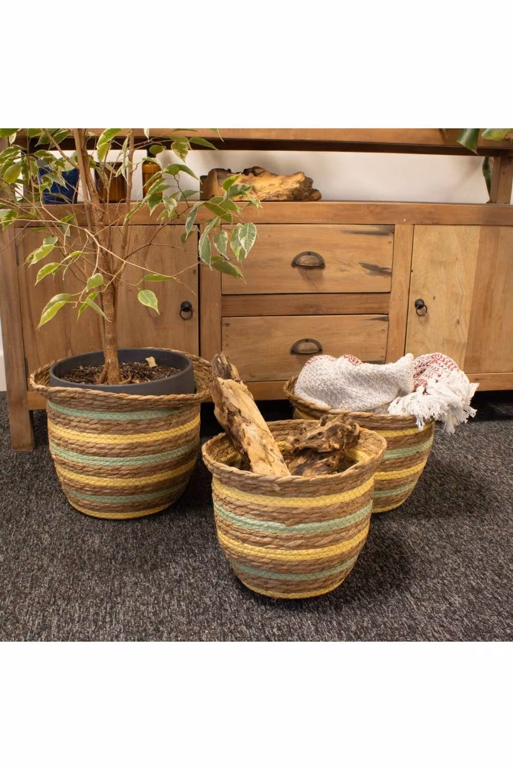 KDMD Set of 3 Natural Yellow and Green Seagrass Straw Vase Baskets – 2