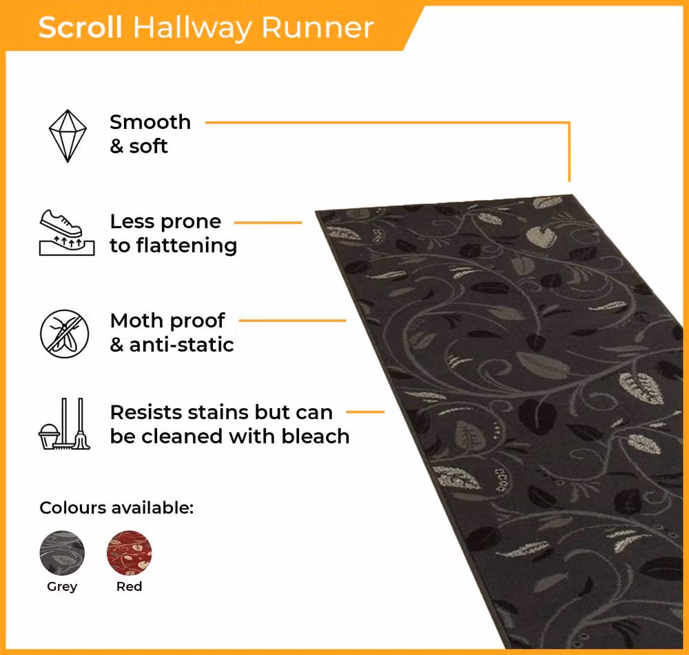 runrug Scroll Hallway Carpet Runner Rug in Grey, W: 60 cm, L: 420 cm – 2