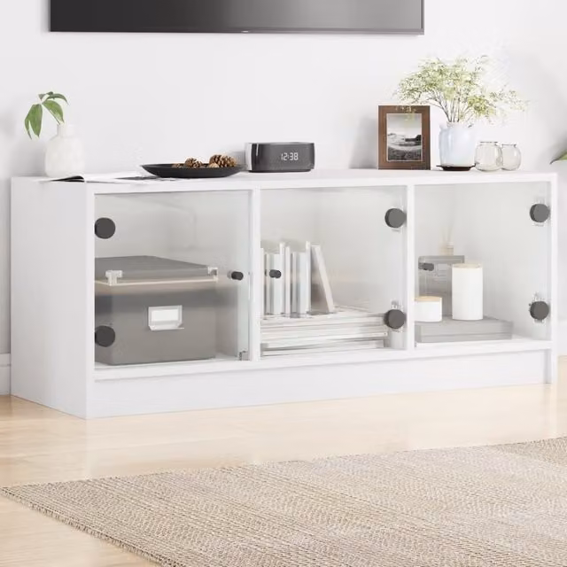 Berkfield Home Classic TV Cabinet with Glass Doors in White, W/D/H: 102 x 37 x 42 cm