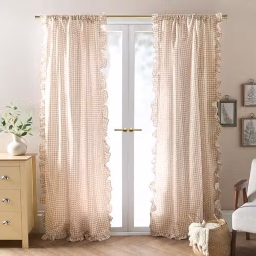 OHS Gingham Check Voile Net Curtains, 2 Panels, Beige, W: 140 cm, H: 220 cm
