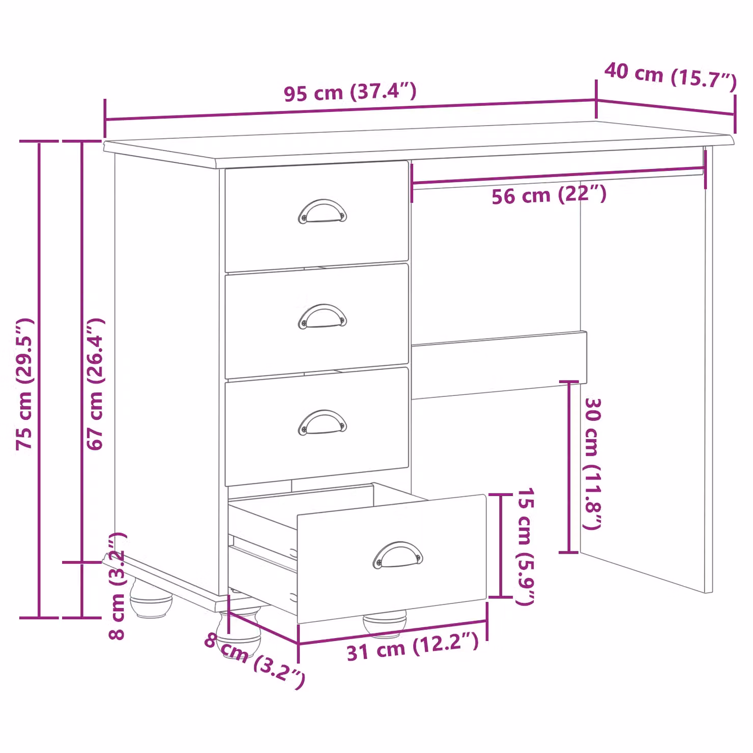 Berkfield ASKIM Home Writing Desk with Drawers in Brown Solid Pine, W/D/H: 95 x 40 x 75 cm – 4