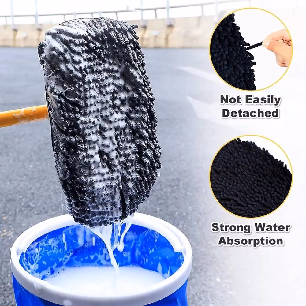 FLAVORA Yellow Car Wash Brush Mop with Telescopic Aluminium Handle and Microfibre Head – 3