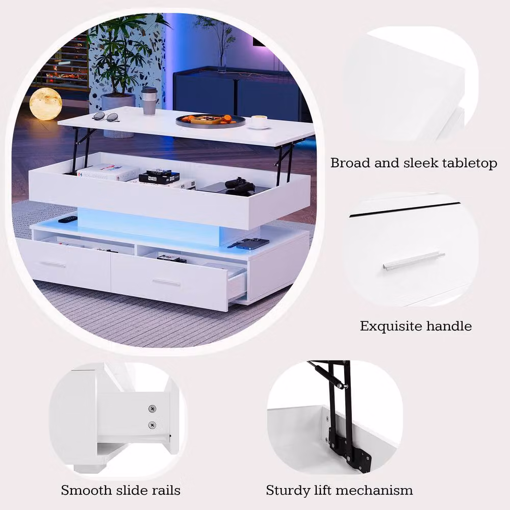 ModernLuxe White Hydraulic Lift Top Coffee Table with LED Light and 2 Drawers – 4