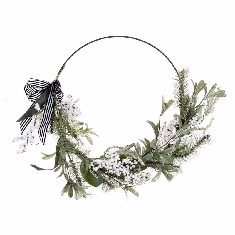 Scottish Everlastings Ltd Round Christmas Wreath with Eucalyptus Leaves and Striped Bow in Green, White and Black, Diameter: 55 cm – 2