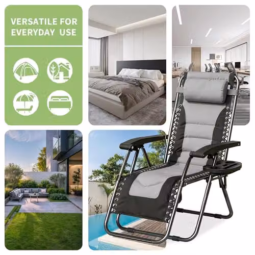 MCC Direct Set of 2 Zero Gravity Reclining Sun Lounger Chairs in Black and Grey Oxford Fabric – 7