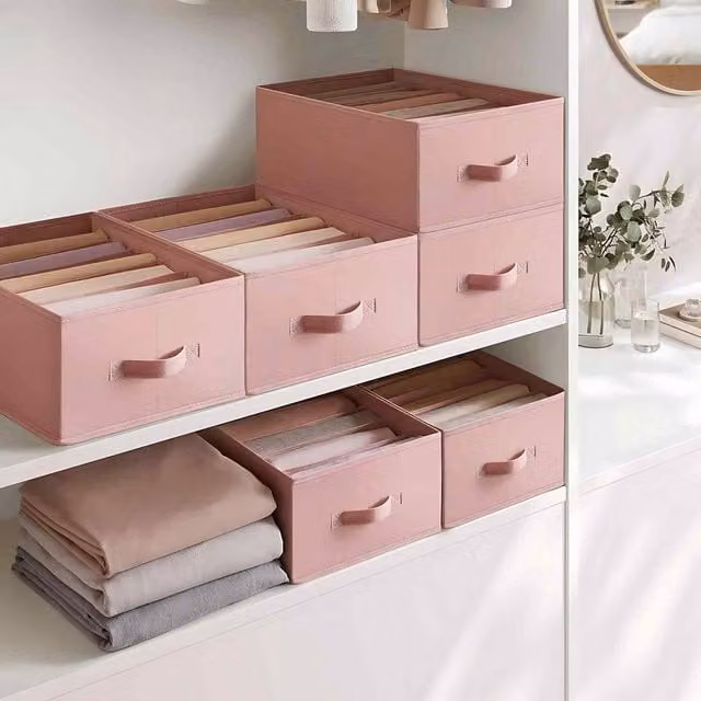 The Bazaarist Set of 4 Foldable Fabric Drawer Organisers with 6 Compartments and Handles, Pink
