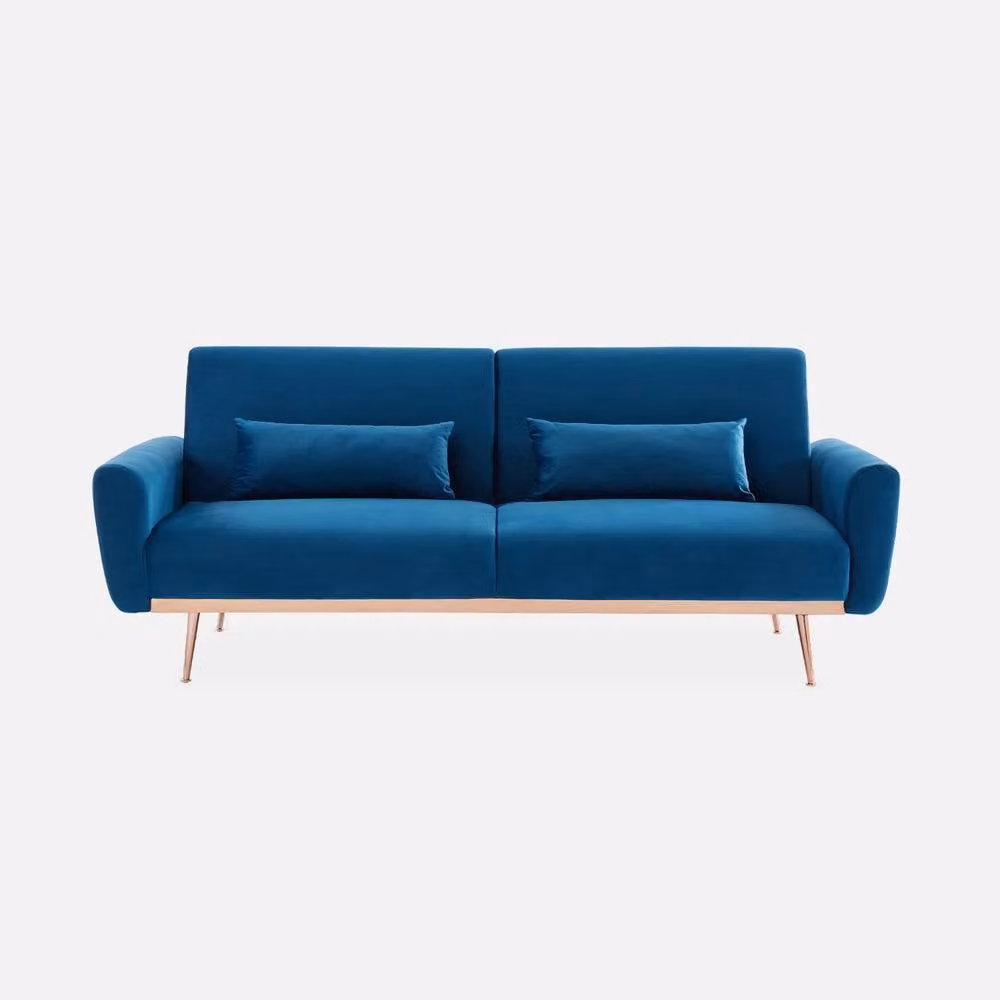sweeek 3-Seater Blue Velvet Convertible Click-Clack Sofa Bed with Gold Accents and Scatter Cushions, W/D/H: 103 x 83 x 85 cm, Sleeping Area: 100 x 200 cm – 2