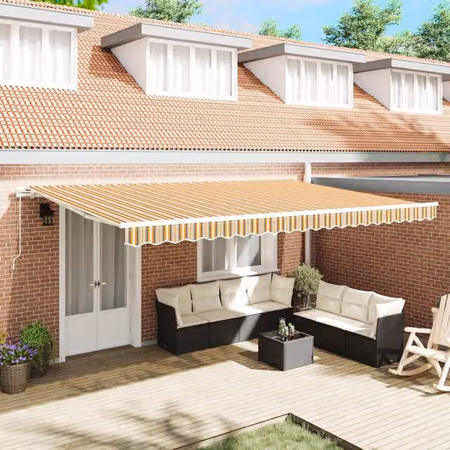 Berkfield Home Manual Retractable Folding Arm Awning in Multicolour Orange, Yellow and White Stripe, W: 500 cm, D: 300 cm