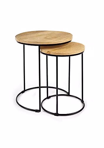 Elm Home and Garden Round Nest of 2 Tables in Mango Wood and Black Metal, H: 45 cm x W: 41 cm