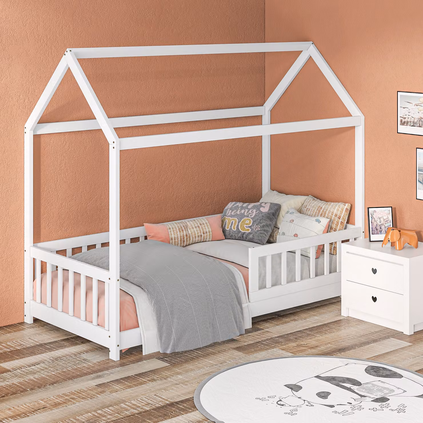 HOMCOM House-Shaped Kids Bed Frame with Safety Fence, White Lacquered Solid Pine Wood Single Bed, W/D/H: 90 x 200 x 165 cm – 2