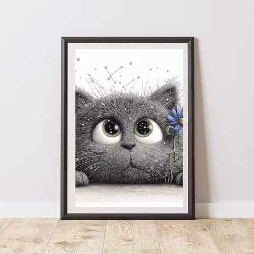 60 SECOND MAKEOVER Peeking Galaxy Cat Print Poster, Black and Multicolour, A4