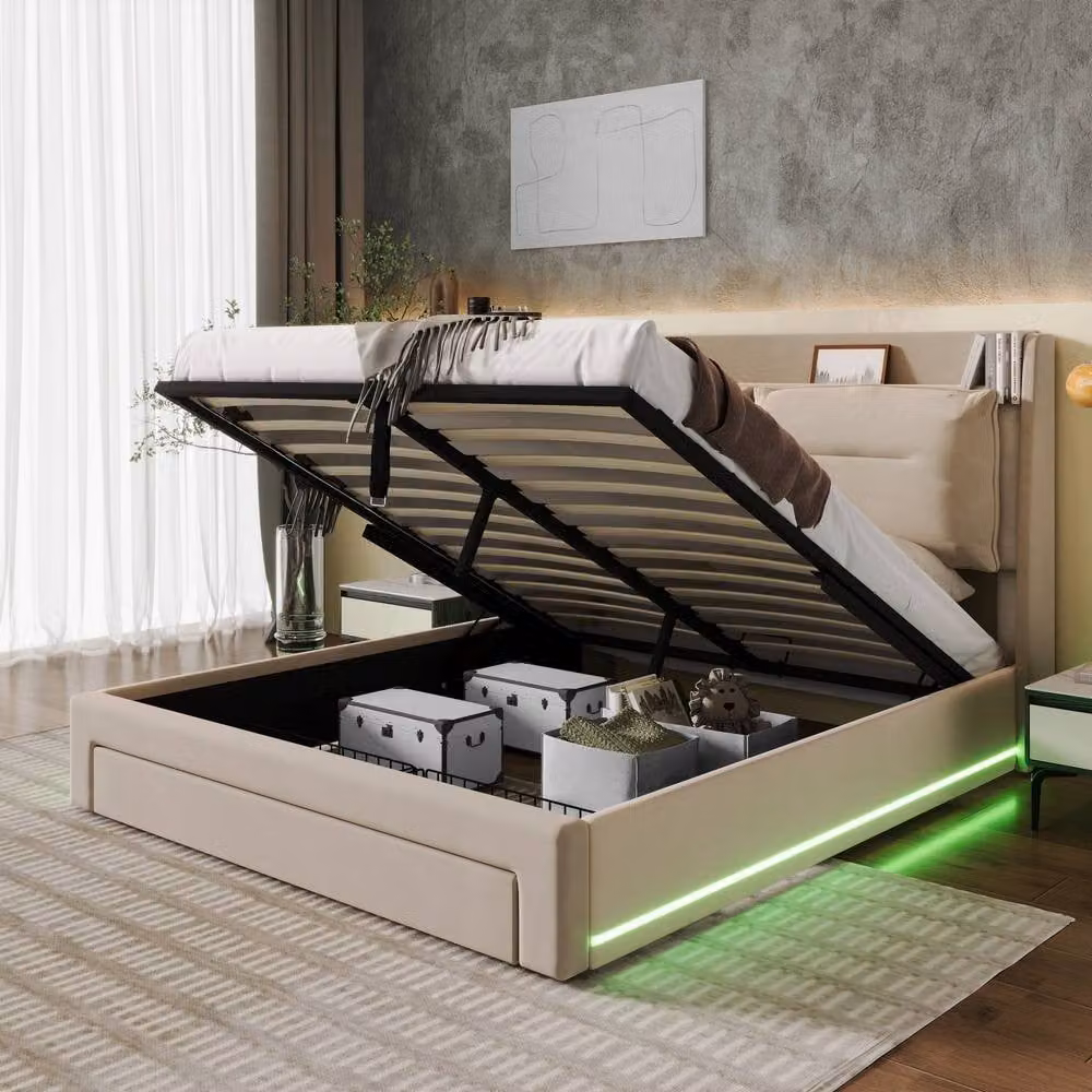 ModernLuxe Double Upholstered Ottoman Bed with LED Under-Bed Lighting and Storage Drawers in Beige – 3