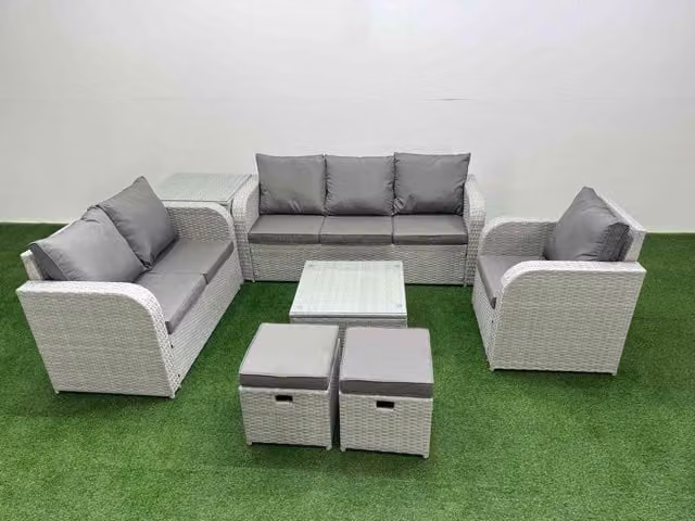 Fimous Patio 8 Seater Grey PE Wicker Rattan Outdoor Furniture Set with Square Coffee Table, Reclining Chairs, Loveseat, 3 Seater Sofa and Stool
