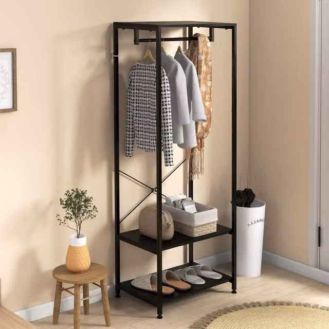 HOMCOM 2 in 1 Hall Tree with Bench and Shoe Shelf in Black
