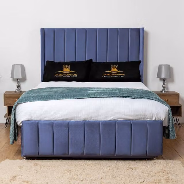 UK Bed Furniture Arizona Blue Velvet Wingback Divan Bed Base with 54 Inch Headboard, W/D/H: 140 x 200 cm
