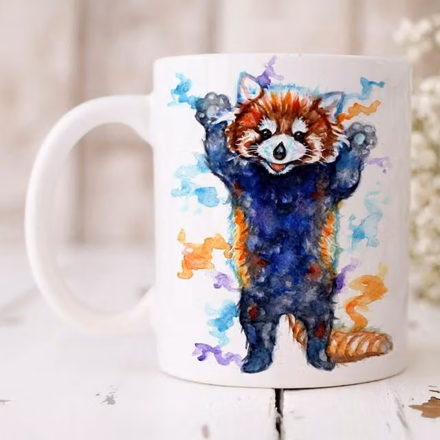BebesArts Red Panda Watercolour Art Mug in Blue and White
