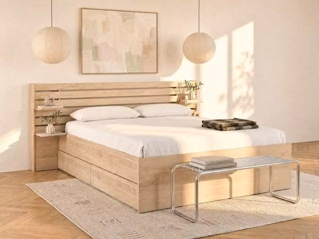 Vente-unique TENALIA II Double Bed with Storage Drawers in Light Oak and Beige, W/D/H: 140 x 190 x 216.8 cm