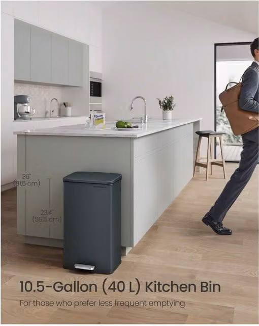 SONGMICS 40L Grey Steel Pedal Kitchen Bin with Soft-Close Lid