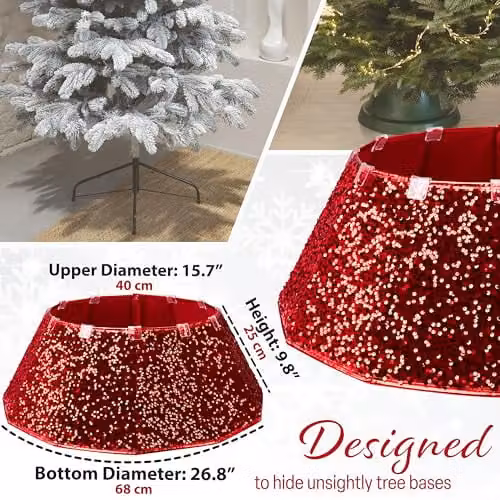 Deco Express Red Sequin Christmas Tree Skirt, Round Textile Base Cover, Diameter: 68 cm – 2