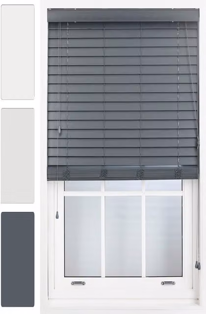 Furnished Venetian Faux Wood Window Blinds with 50mm Slats in Dark Grey, Width: 120 cm, Height: 210 cm