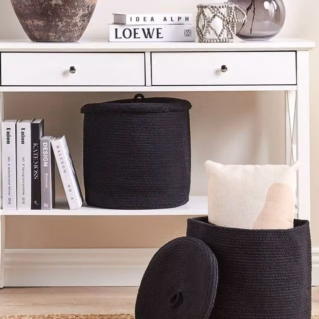 Wyld and Coco Set of 2 Black Open Weave Fabric Boho Storage Baskets with Lids and Handles