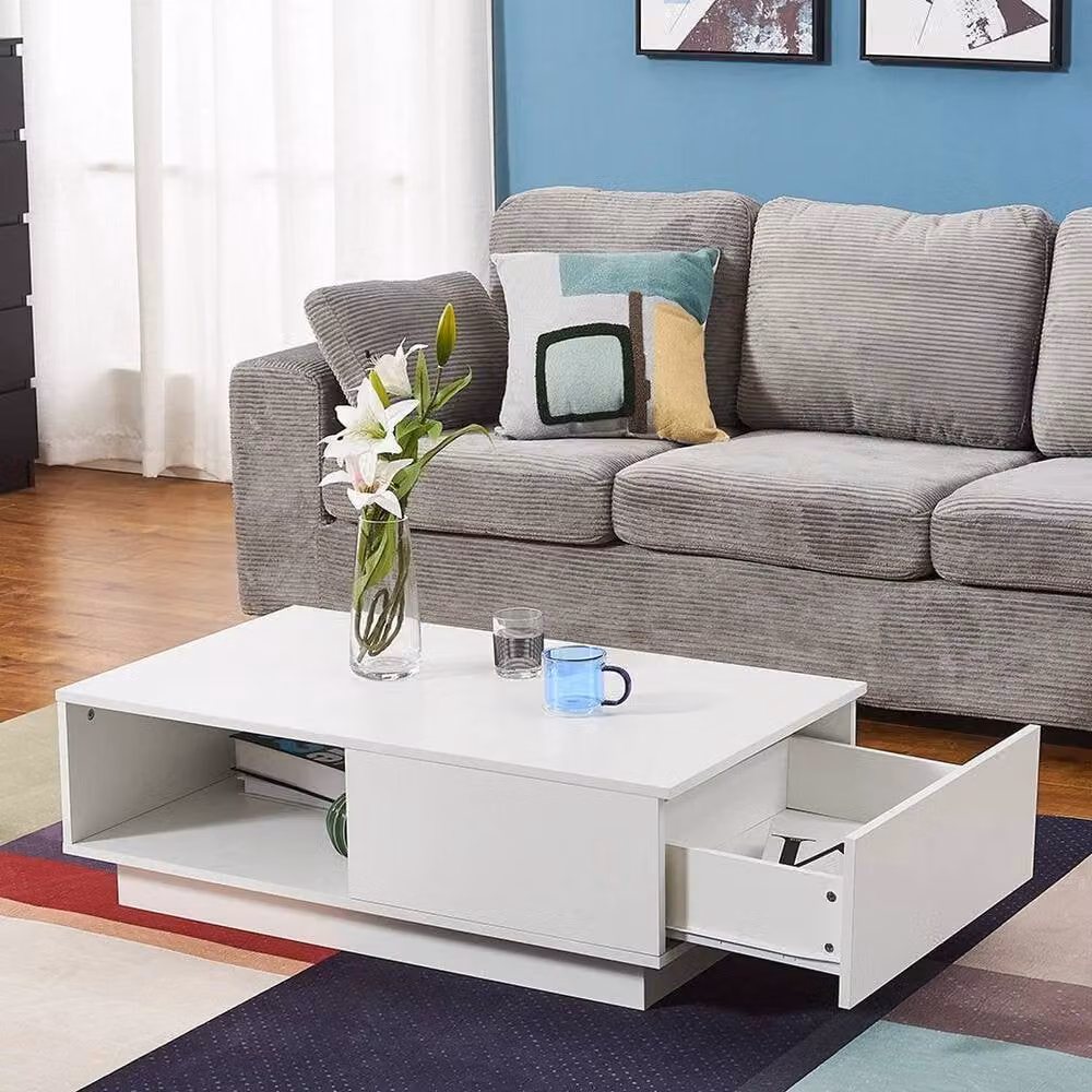 KORVIXA Modern Square Coffee Table in White with Storage Drawer and Shelf, W: 100 cm x D: 100 cm – 3