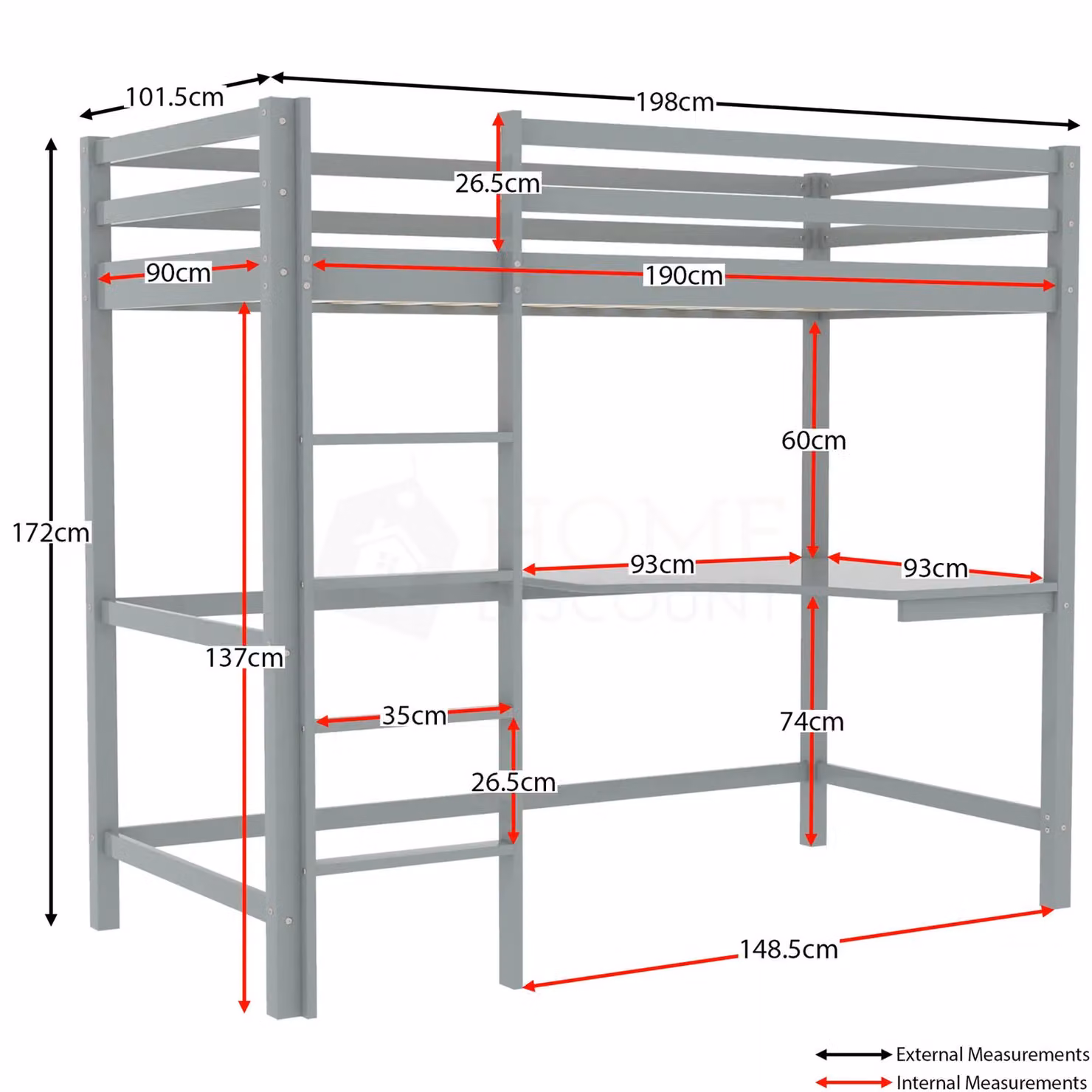 Vida Designs Sydney Single Bunk Bed Frame with Desk in Grey, H 198 x W 90 x D 172 cm – 2
