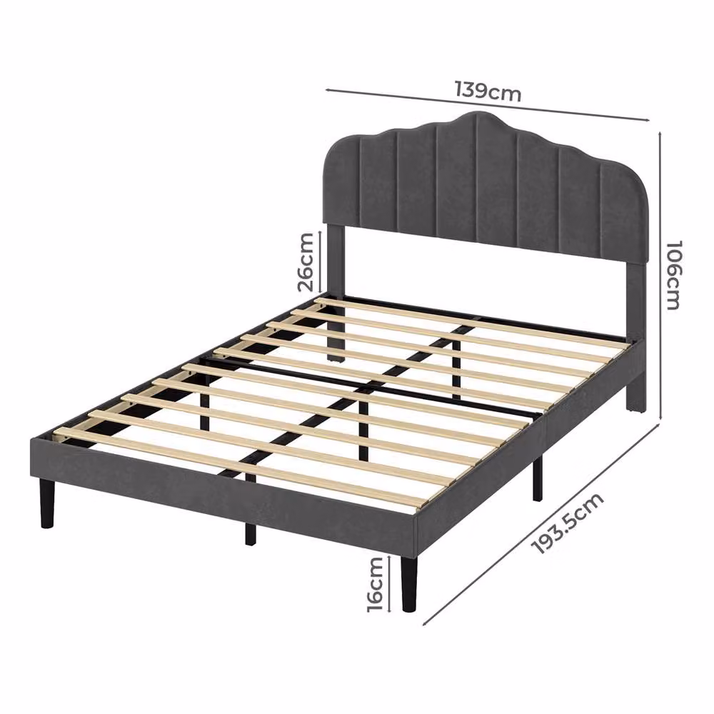 Levede Modern Upholstered Double Bed Frame in Grey Fabric, W/D/H: 140 x 200 cm – 3