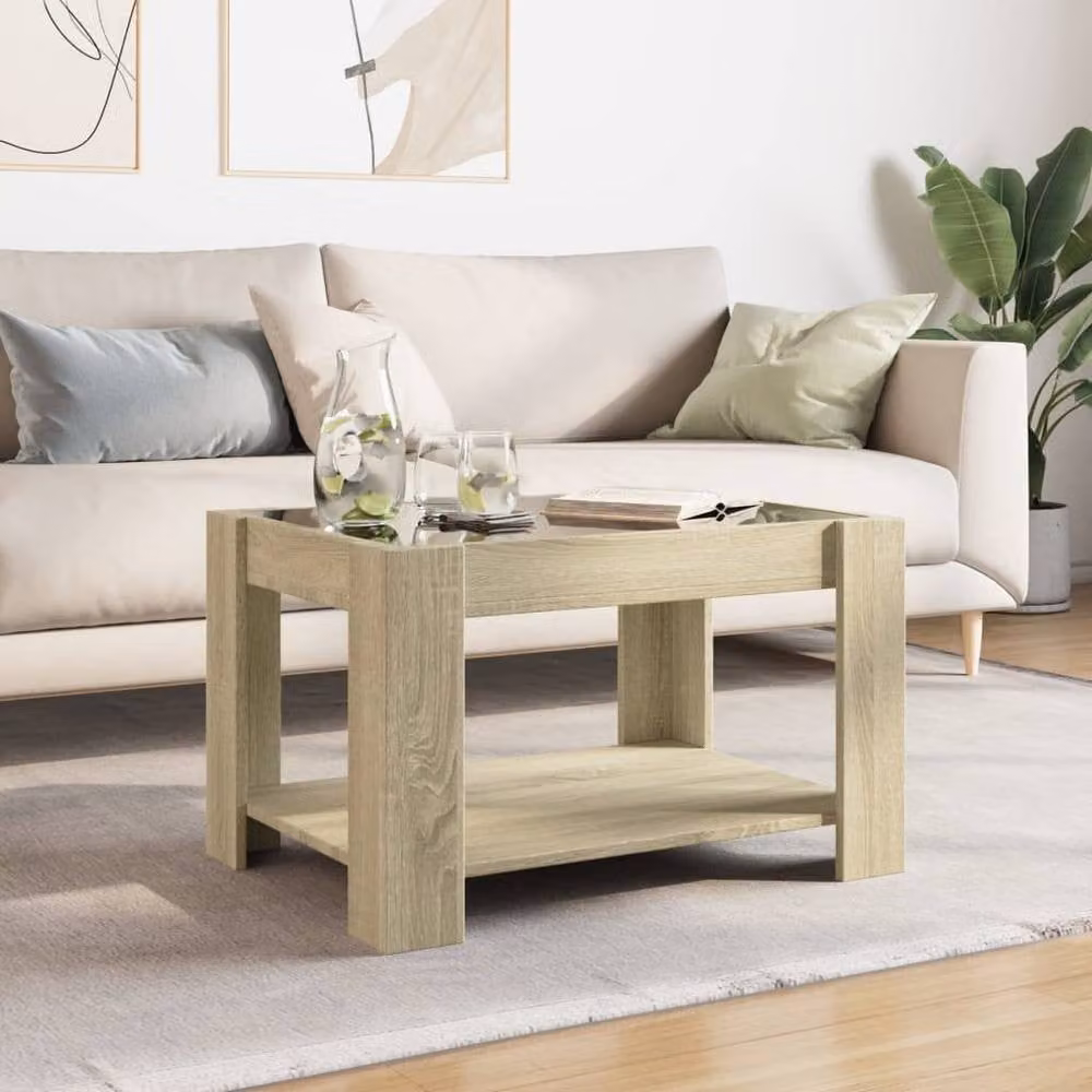 Berkfield Home Decorative LED Coffee Table in Sonoma Oak and Beige with Glass Top, W/D/H: 73 x 53 x 45 cm – 2