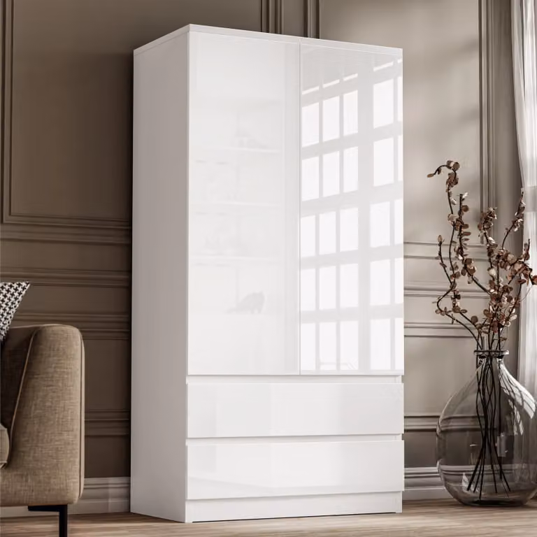 DHS High Gloss 2 Door Wardrobe with Drawers and Hanging Rail in White, Grey or Black, H 182.5 x W 80 x D 50 cm