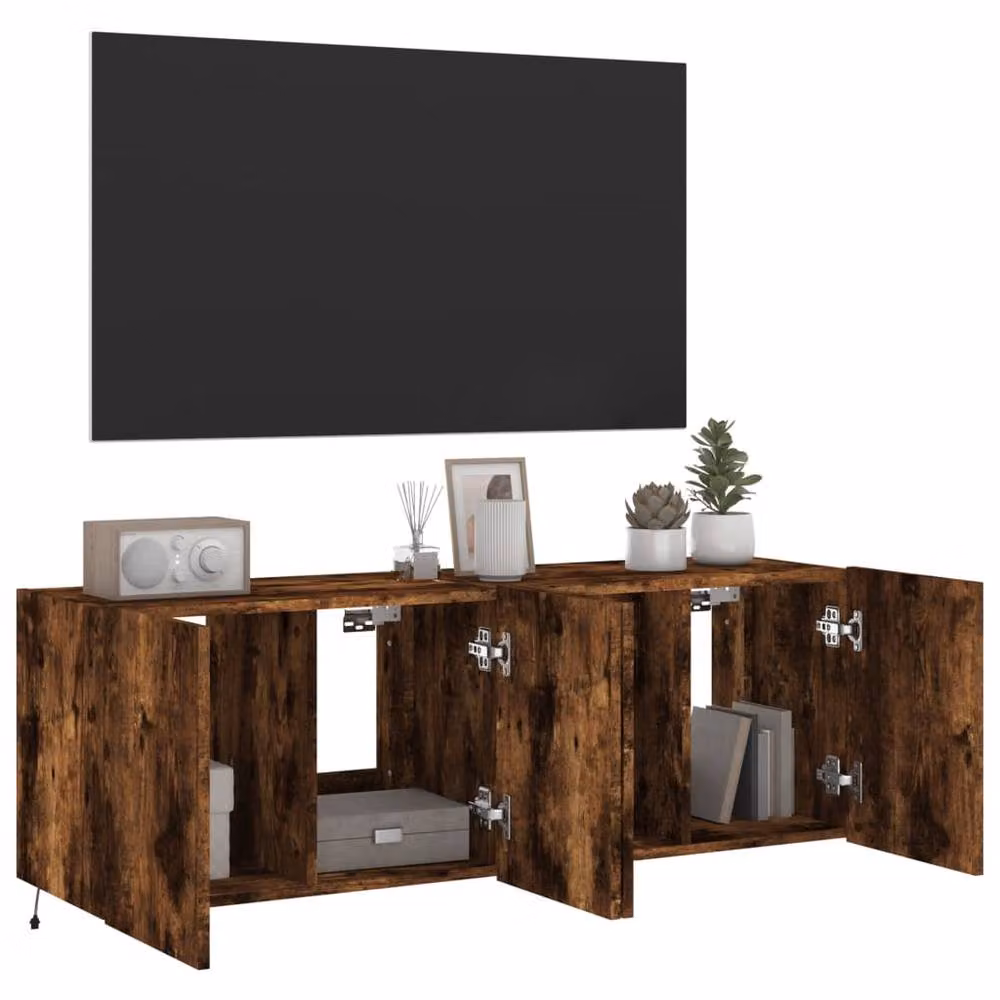 Berkfield Home Set of 2 Modern Wall Mounted TV Cabinets with Integrated LED Lights in Smoked Oak Brown, W/D/H: 60 x 35 x 41 cm – 6