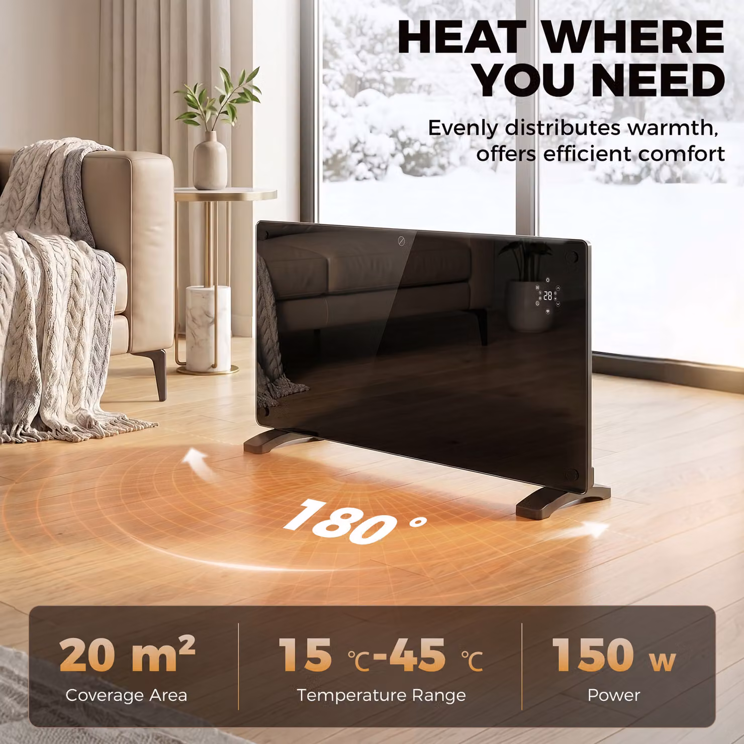 HOMCOM 1500W Smart Control Glass Heater with App and Remote Control, Black – 4
