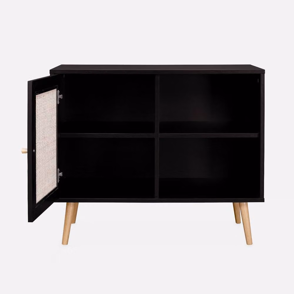 sweeek Scandi-style Storage Cabinet with Wood and Cane Rattan in Black, Width: 80 cm – 3