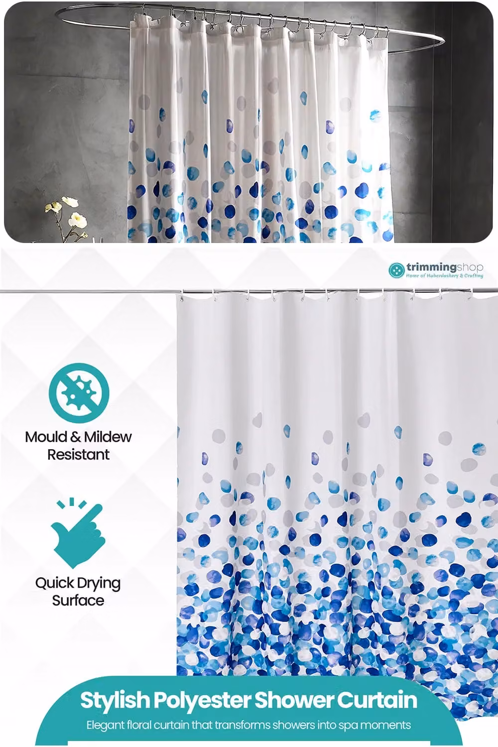 Neel Blue Blue Petals Polyester Water-Resistant Floral Shower Curtain, W: 180 cm, H: 180 cm – 2