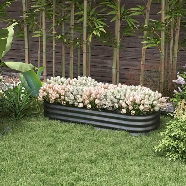 Outsunny Raised Garden Bed with Safety Edging, Grey, W: 150 cm, D: 62 cm, H: 30 cm