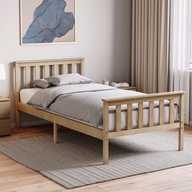 Vida Designs Milan Single Solid Wood Bed with Mattress in Brown and Beige, W/D/H: 90 x 190 cm