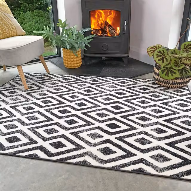 The Rug House Modern Geometric Rectangular Area Rug in Black and White, W: 150 cm, D: 80 cm