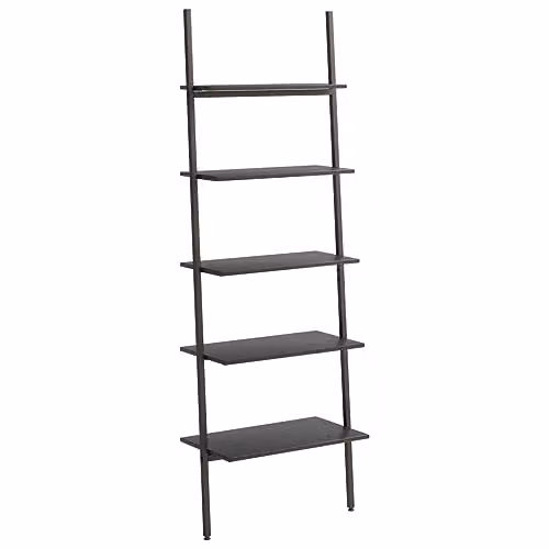vidaXL 5-Tier Black Metal Leaning Ladder Shelf, W: 64 cm, D: 34 cm, H: 185.5 cm