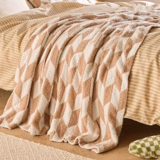 Furn Olsen Geometric Reversible Double Face Fleece Throw in Beige, W: 130 cm, D: 180 cm