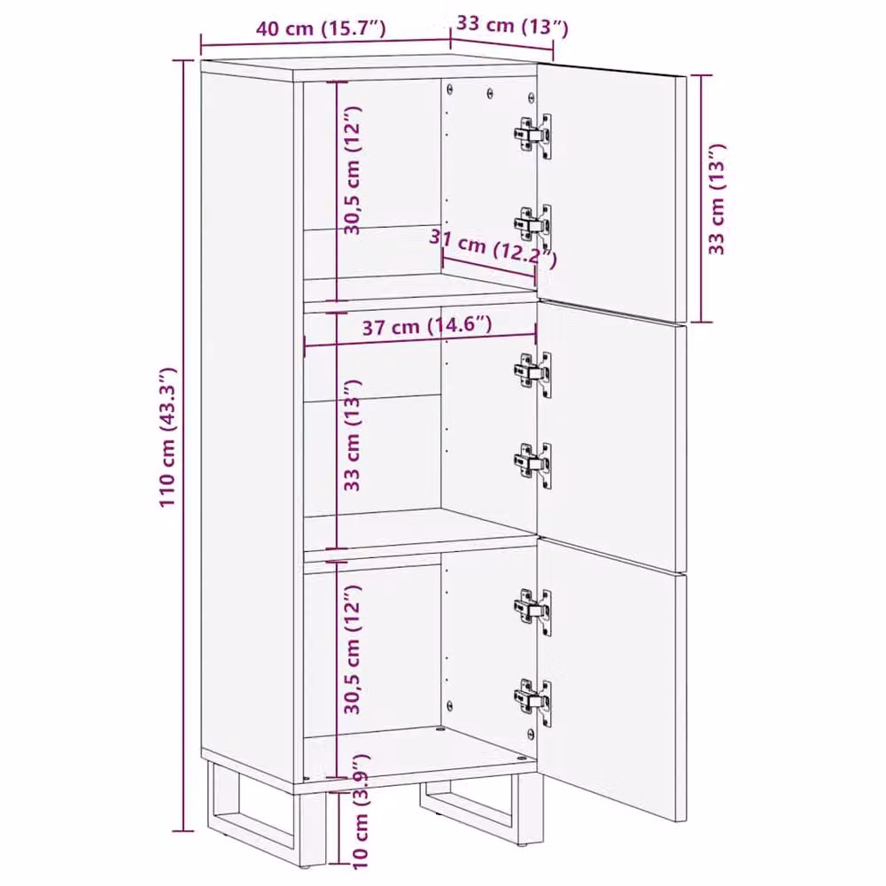 Berkfield Home Black Mango Wood Highboard W/D/H: 40 x 33 x 110 cm – 5