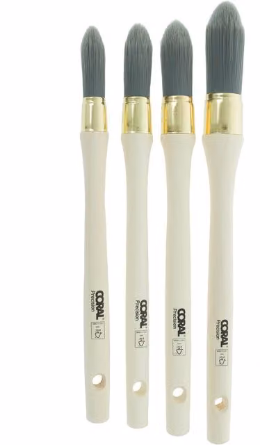Coral Precision Round Sash Paint Brush Set of 4 with Synthetic Loss-Free Bristles and Wood Handles, Sizes 15mm, 18mm, 21mm, 25mm