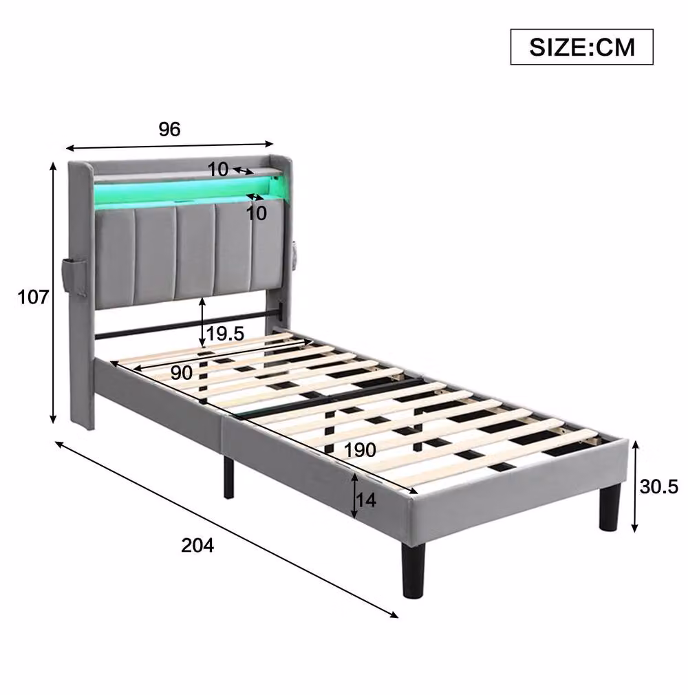 STILVORA Single Upholstered Bed in Grey with Under-Bed LED Lighting, USB Charging Port and Side Compartment Storage, W/D/H: 90 x 190 x 107 cm – 3