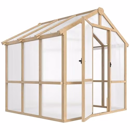 Outsunny Brown Wooden Polycarbonate Walk-in Greenhouse with Lockable Door and Windows