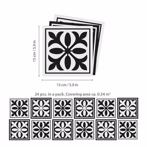 WALPLUS 24 Pcs Emma Monocromatic Black Victorian Tile Stickers, Self-Adhesive Vinyl Backsplash, 15 x 15 cm – 2