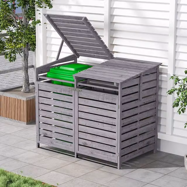 Livingandhome Lacquered Spruce Wood Pent Bin Store Low Cabinet in Grey