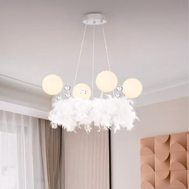 Komore White Feather LED Suspended Ceiling Light with Crystal Spheres