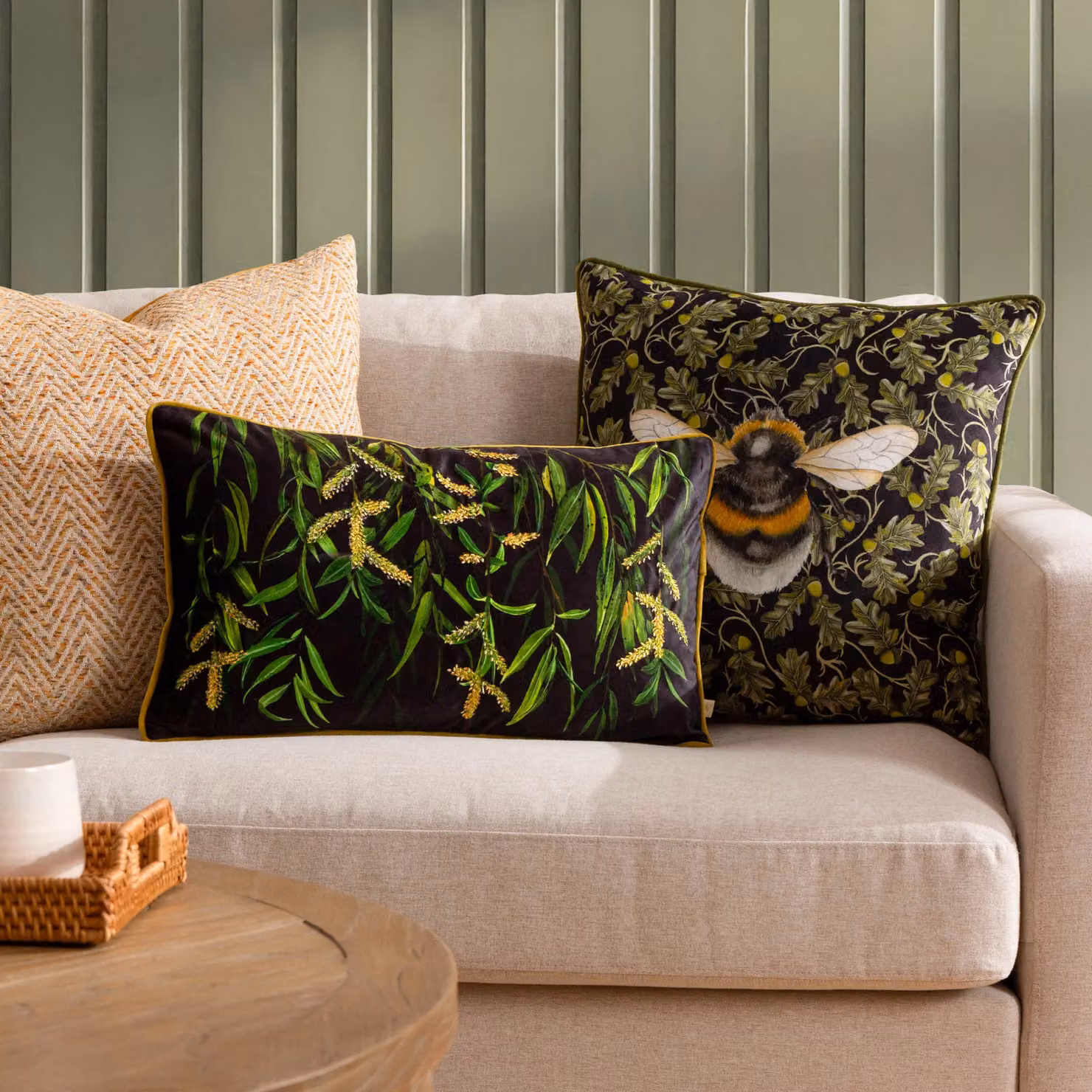 Wylder Nature Braywick Willow Velvet Piped Cushion in Green and Multicolour, W: 50 cm, H: 30 cm, D: 30 cm – 4
